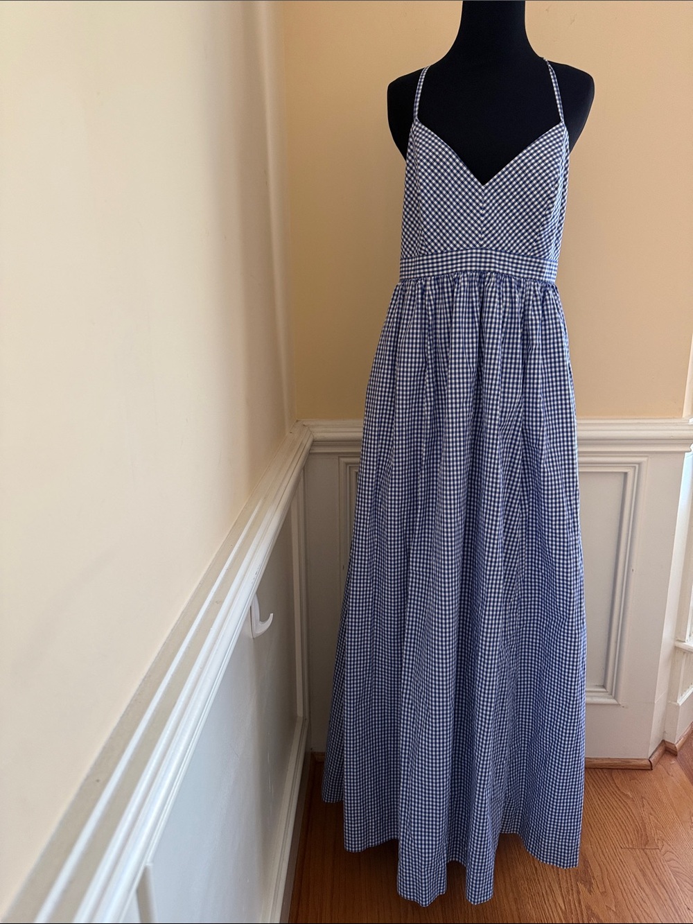 J.Crew Gingham Long Spaghetti-Strap Maxi Dress Navy Blue White Pockets 10 - Picture 11 of 16